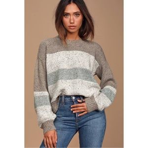 Lulus Snuggle Season Grey Multi Striped Balloon Sleeve Sweater